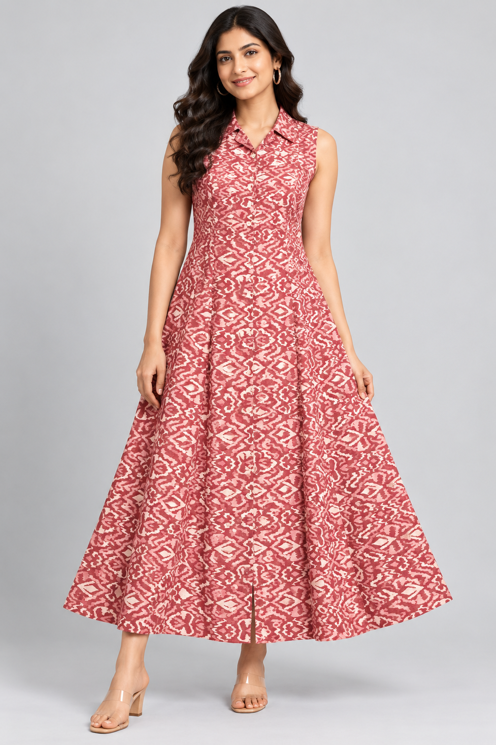 Elegant Rose Pink Ikat Print Sleeveless Flared Maxi Dress