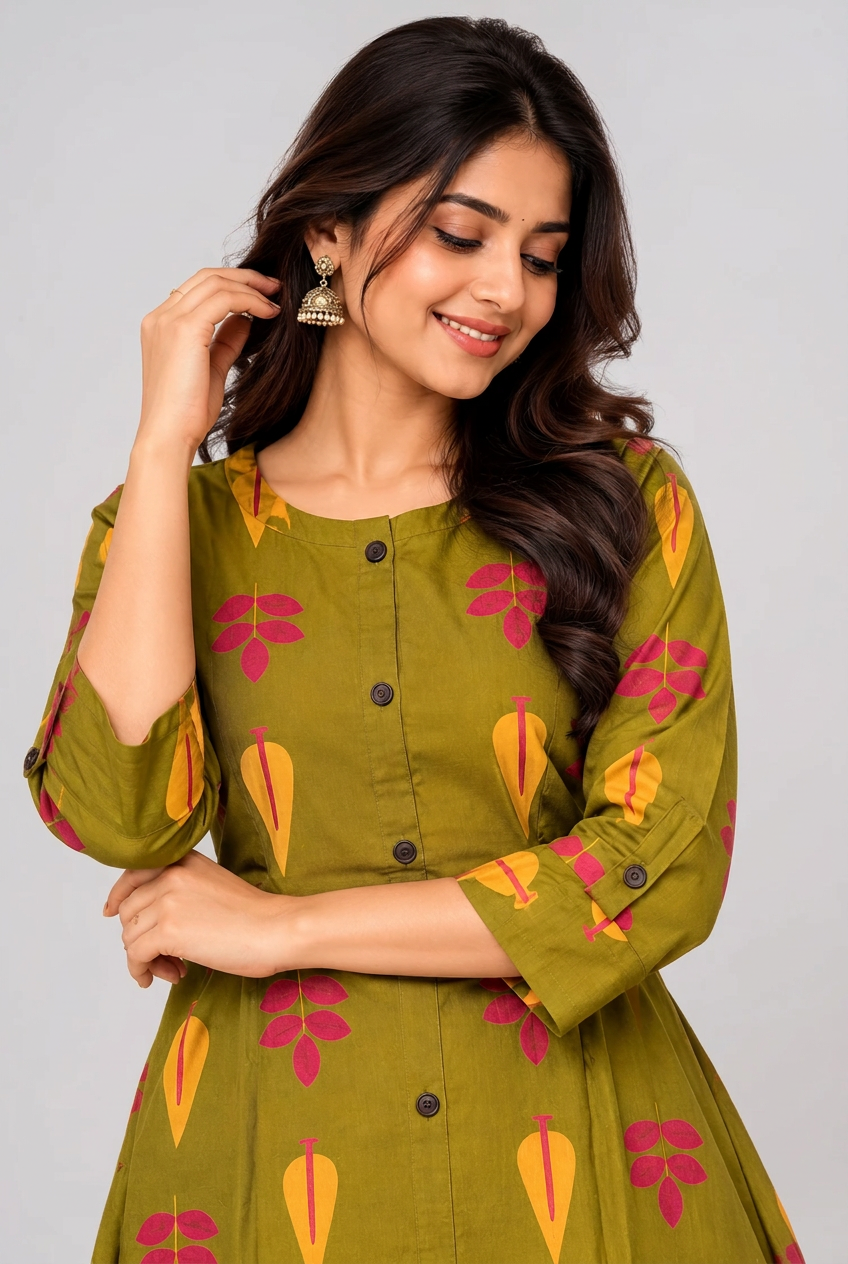 Olive Green Printed A-Line Kurta with Matching Palazzo Set