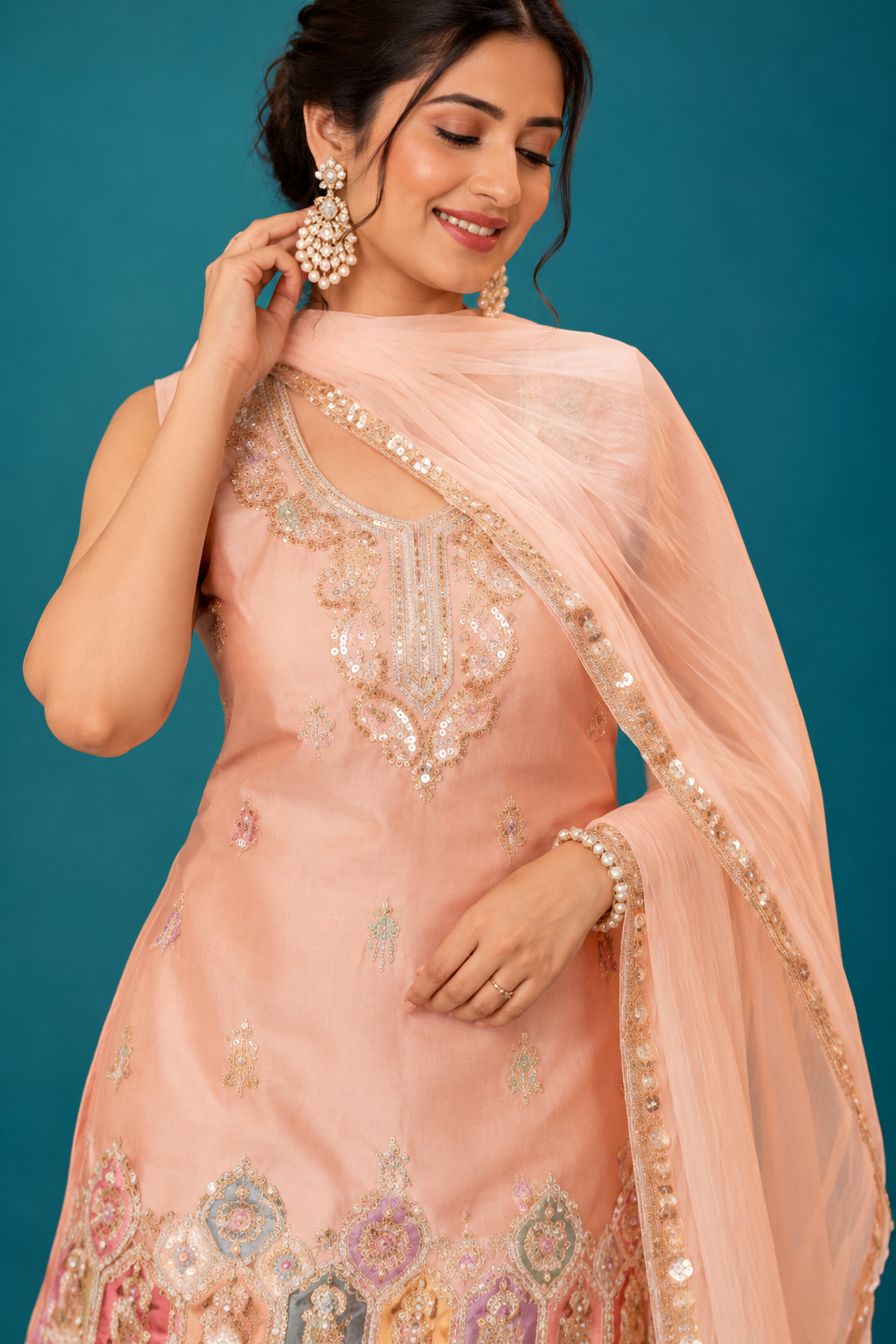 Elegant Peach Embroidered Festive Palazzo Set