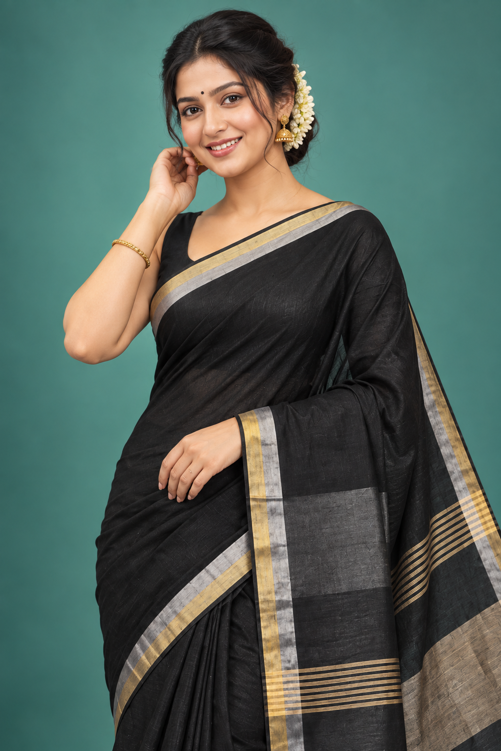 Classic Black Handloom Saree with Dual-Tone Border