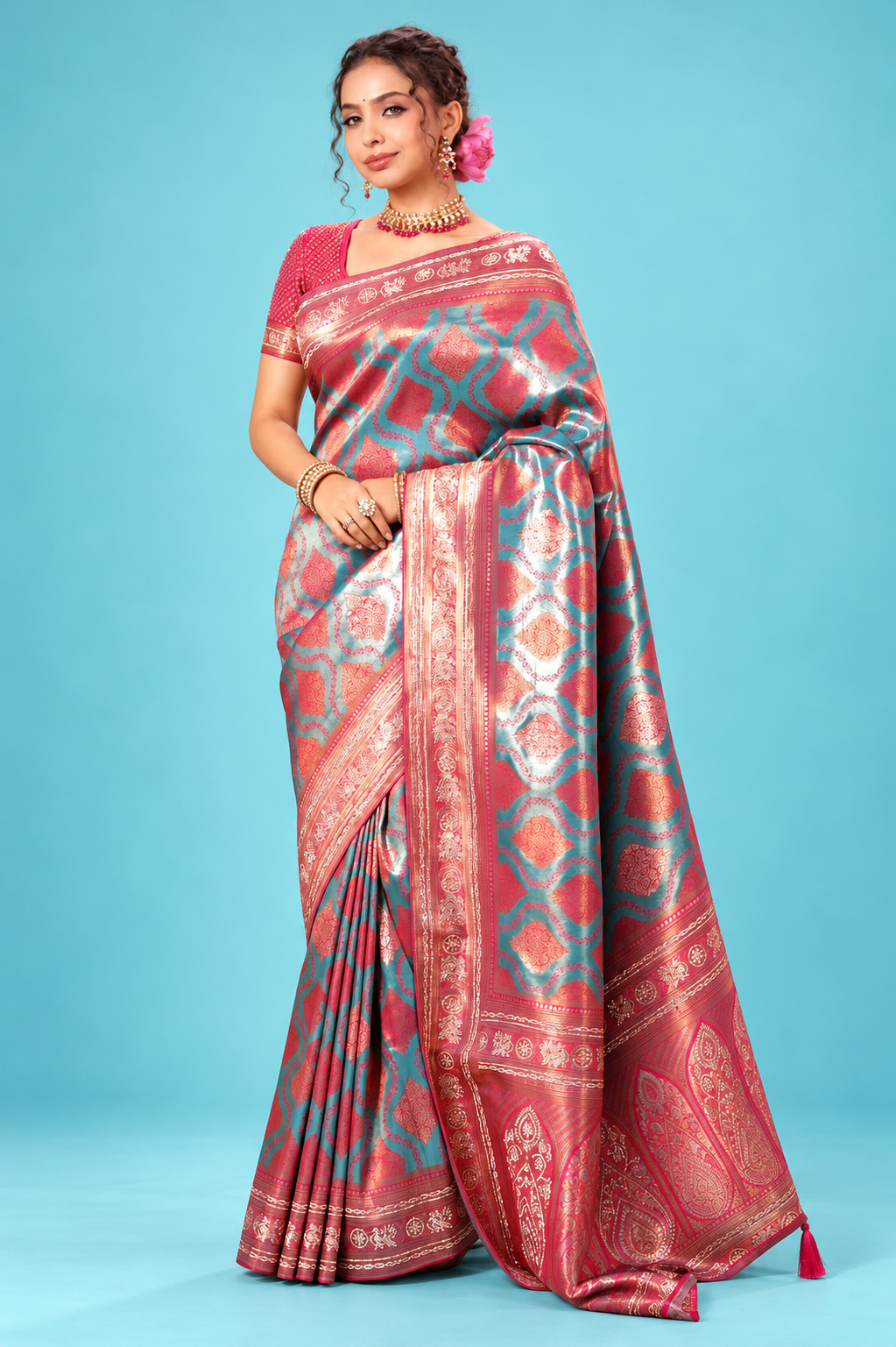 Royal Teal Blue & Rani Pink Designer Saree with Golden Woven Motifs & Rich Pallu