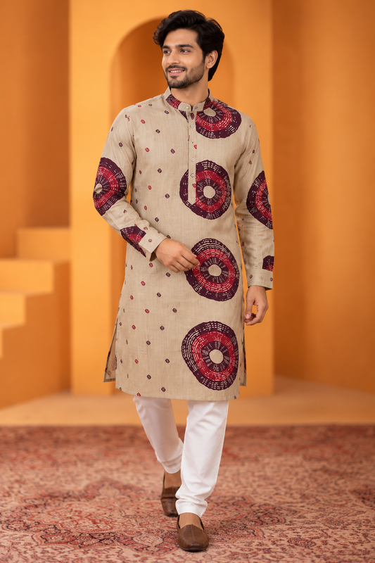 Men's Beige & Maroon Abstract Printed Kurta