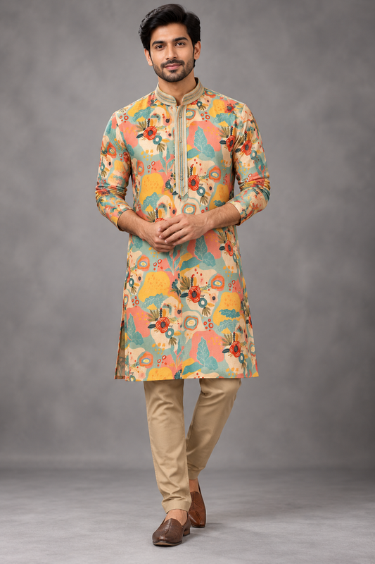 Men's Multicolor Floral Printed Kurta with Beige Pants