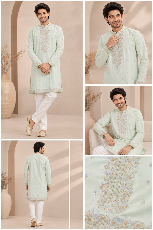 Mint Green Embroidered Men’s Festive Kurta