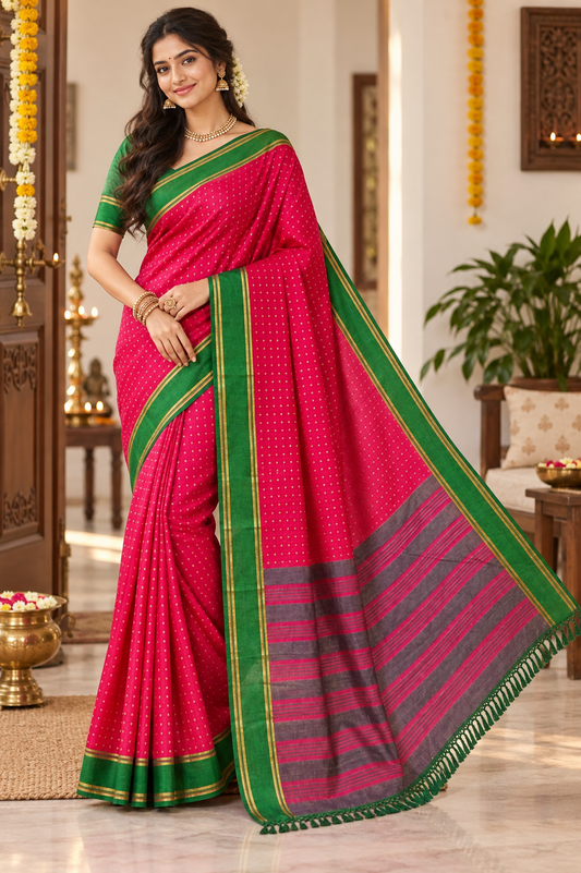 Rani Pink Saree with Green Border & Striped Pallu