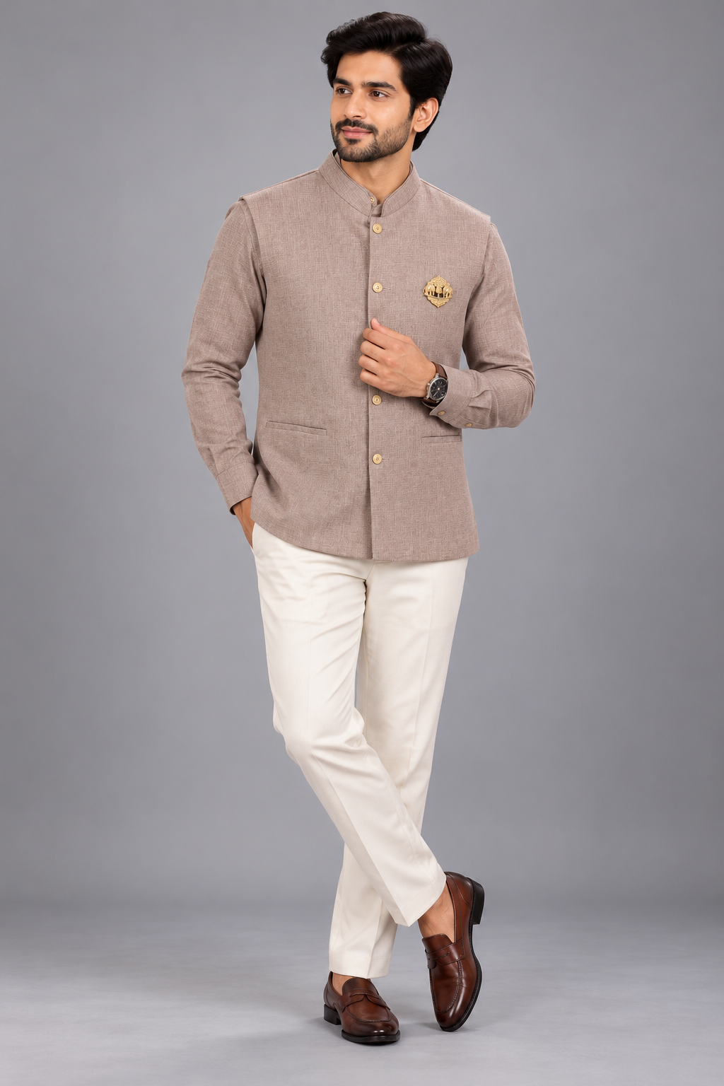 Men's Premium Taupe Nehru Jacket Style Shirt