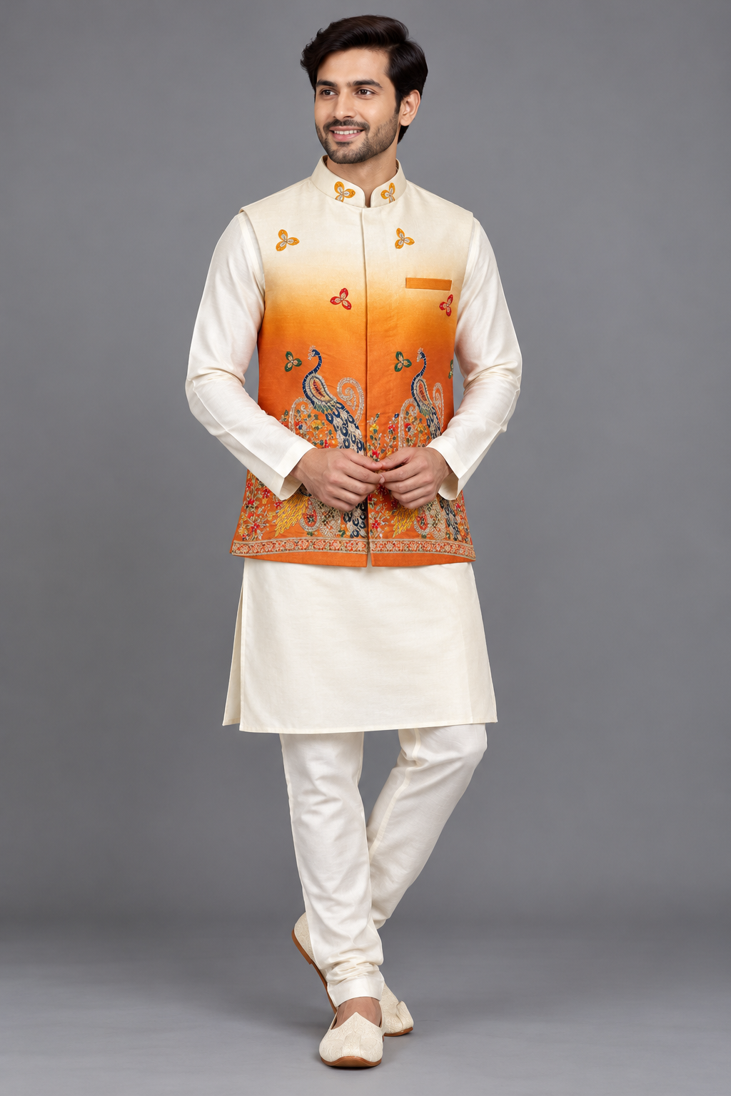 Ivory to Burnt Orange Peacock Embroidered Modi Jacket