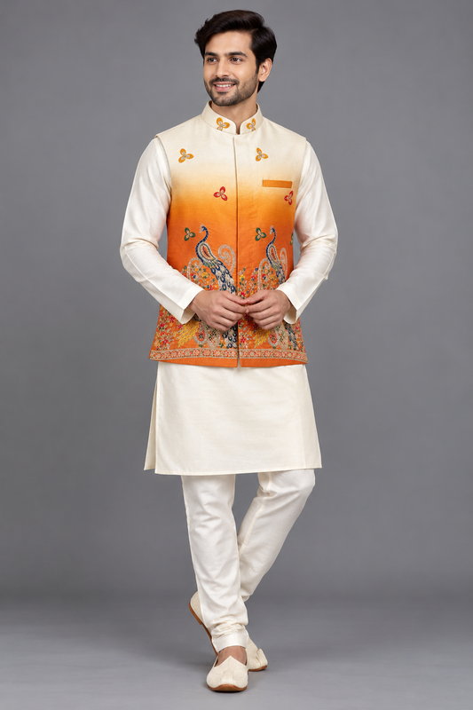 Ivory to Burnt Orange Peacock Embroidered Modi Jacket