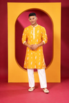 Men's Premium Mustard Yellow Printed Kurta with White Pant Set