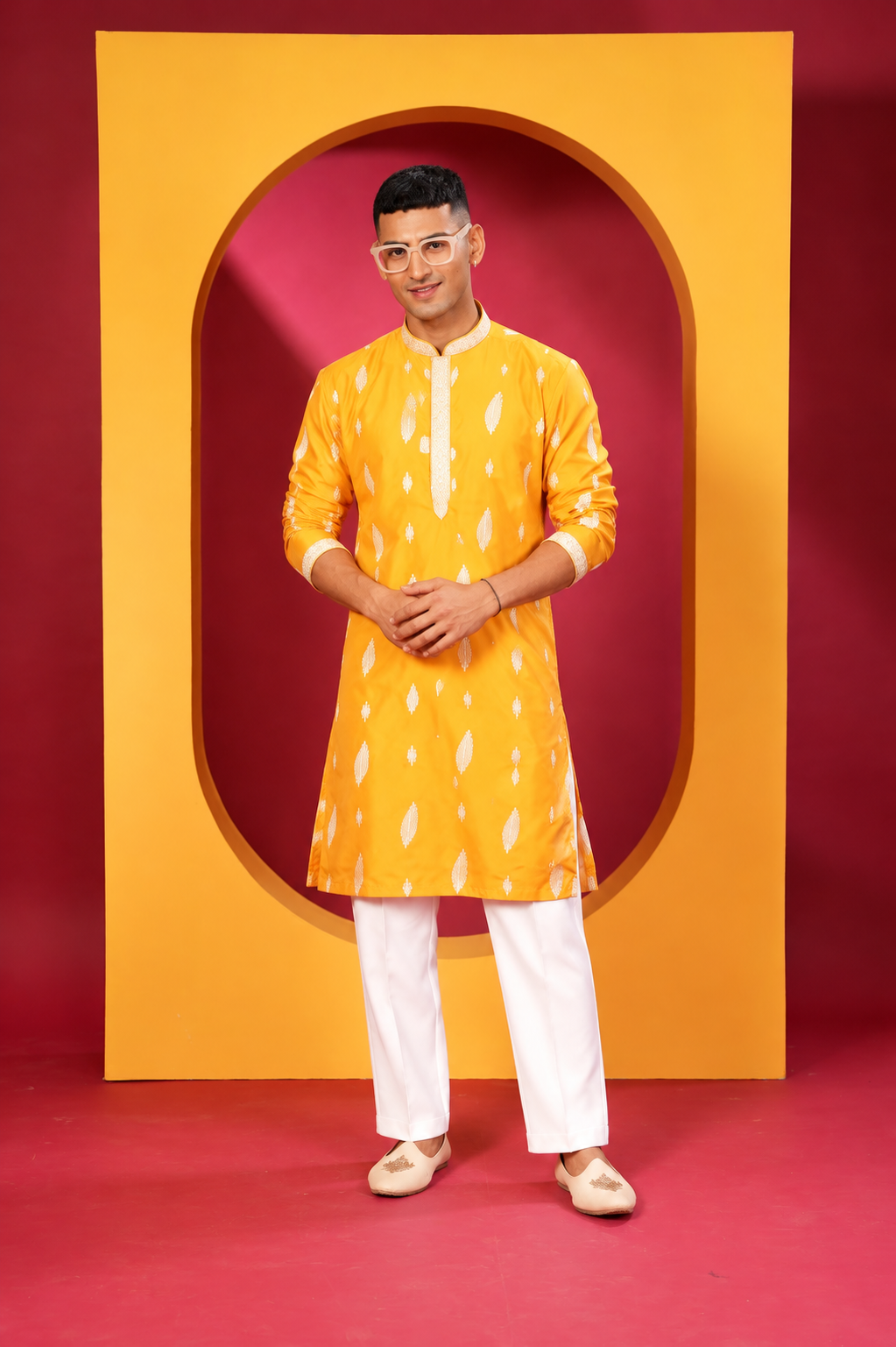 Men's Premium Mustard Yellow Printed Kurta with White Pant Set