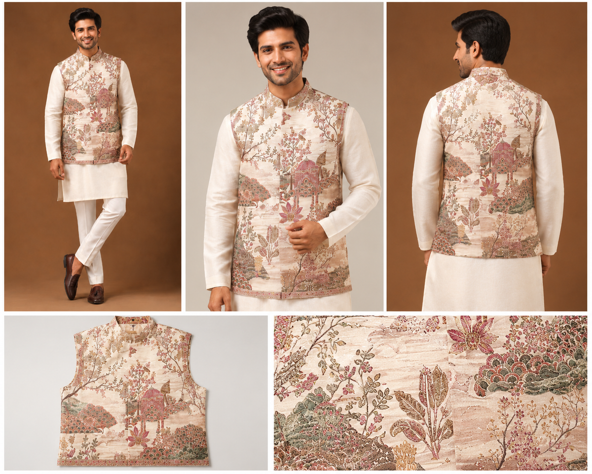 Ivory Heritage Printed Nehru Jacket Kurta Set