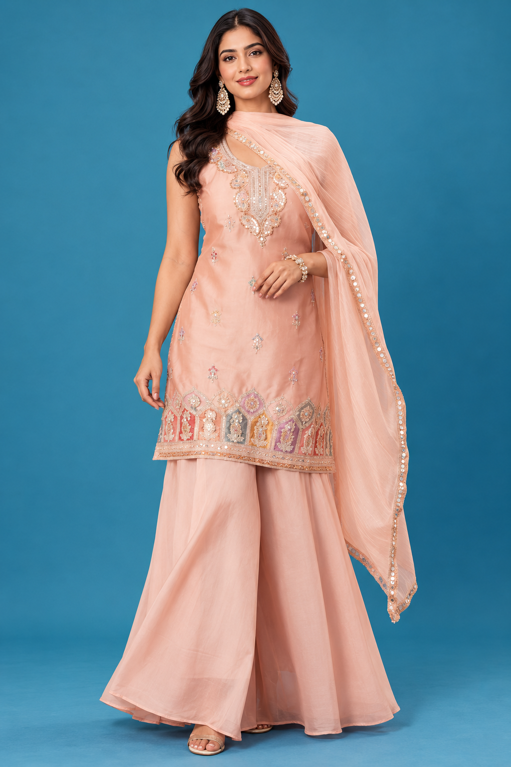 Elegant Peach Embroidered Festive Palazzo Set
