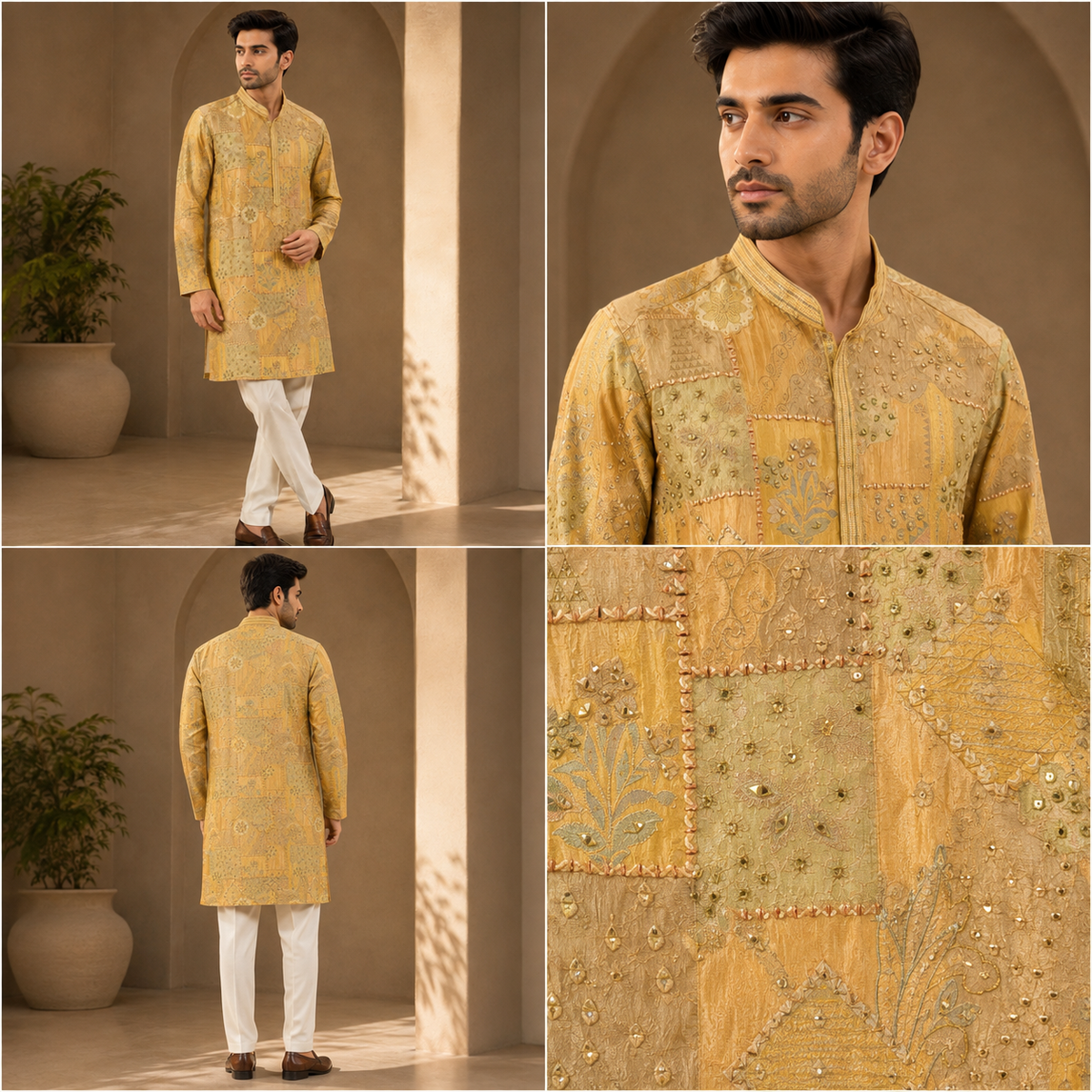 Mustard Gold Patchwork Embroidered Kurta for Men