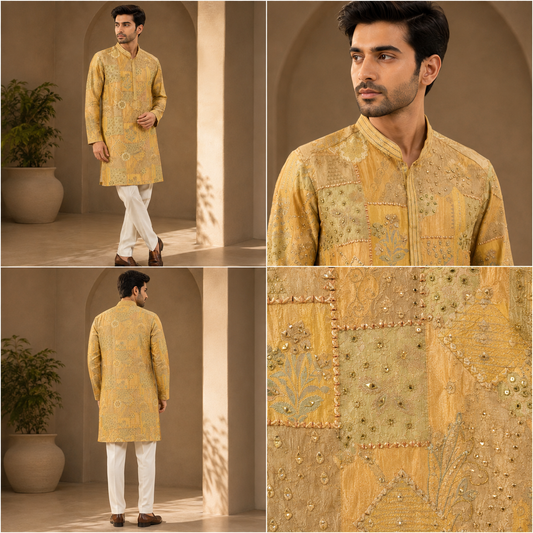 Mustard Gold Patchwork Embroidered Kurta for Men