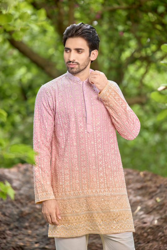 Peach-Pink Mirror Work Embroidered Kurta