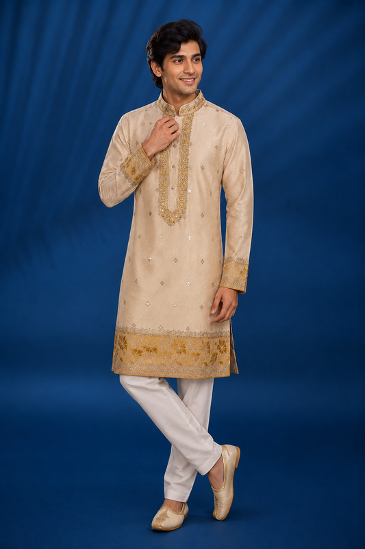 Cream Gold Embroidered Men’s Wedding Kurta