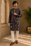 Midnight Navy Patchwork Floral Printed Kurta for Men