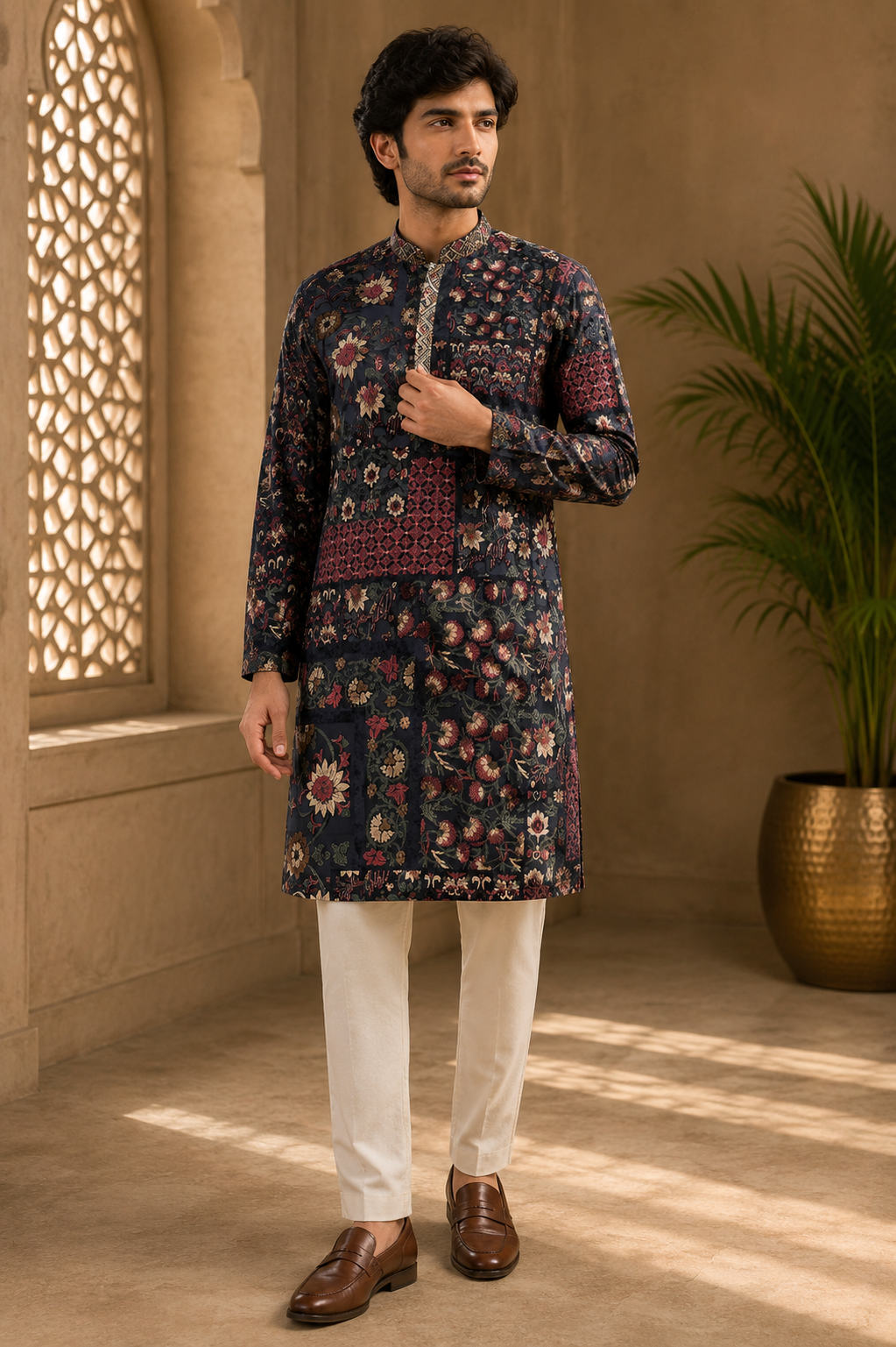 Midnight Navy Patchwork Floral Printed Kurta for Men
