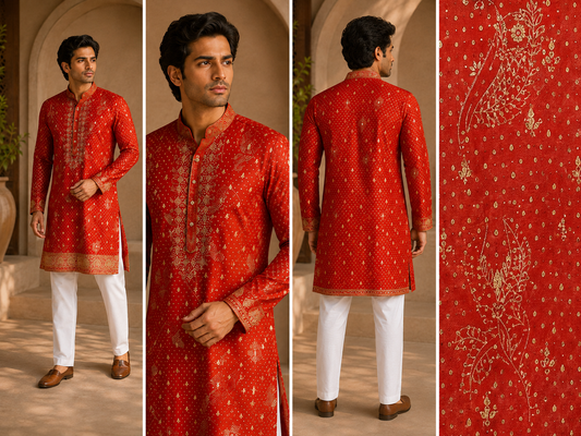 Royal Red & Gold Festive Kurta for Men