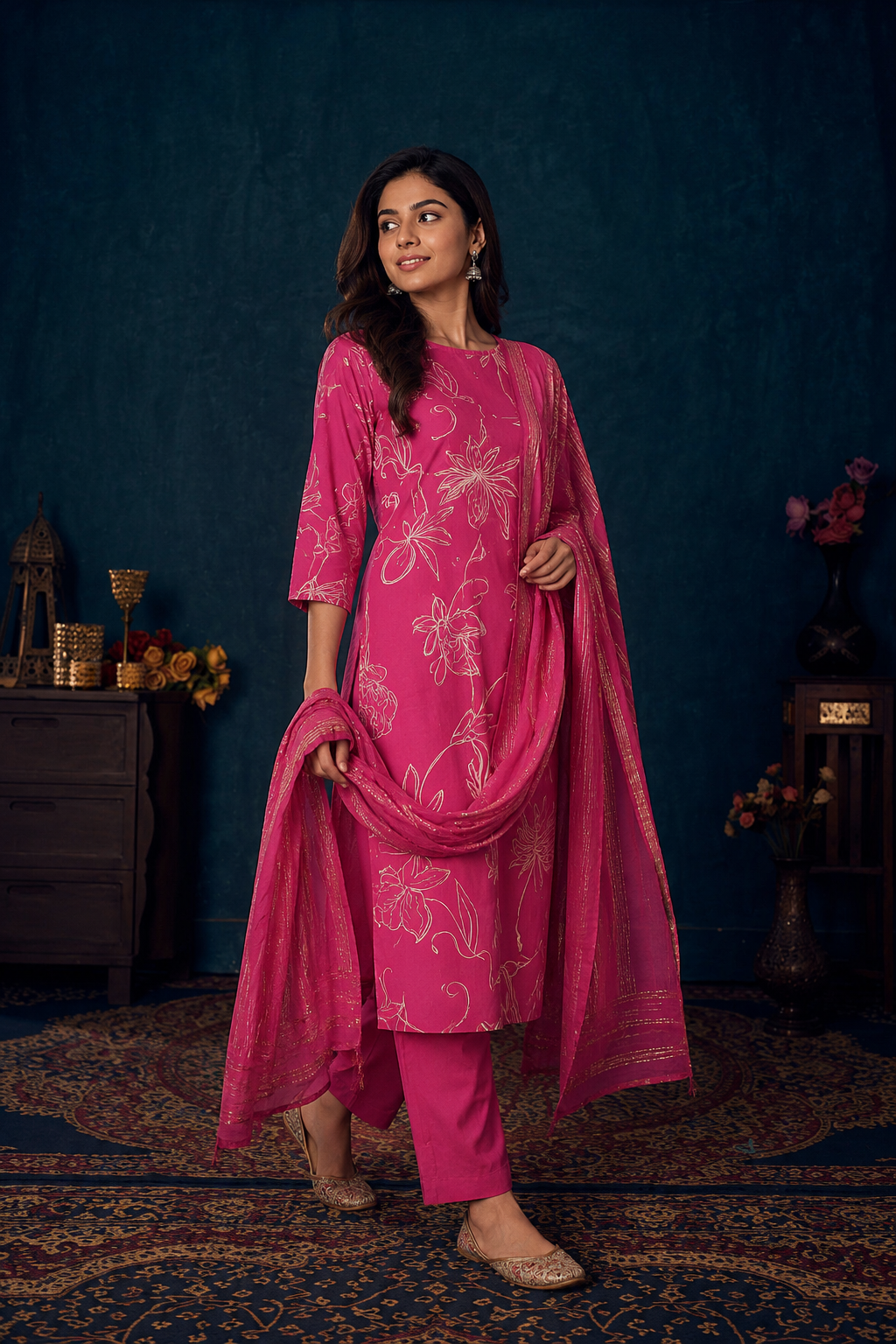 Magenta Floral Print Kurta Pant & Dupatta Set