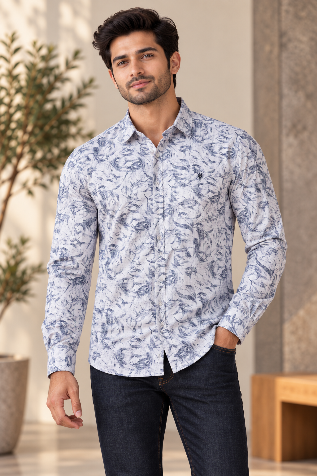 Blue Floral Print Casual Shirt for Men