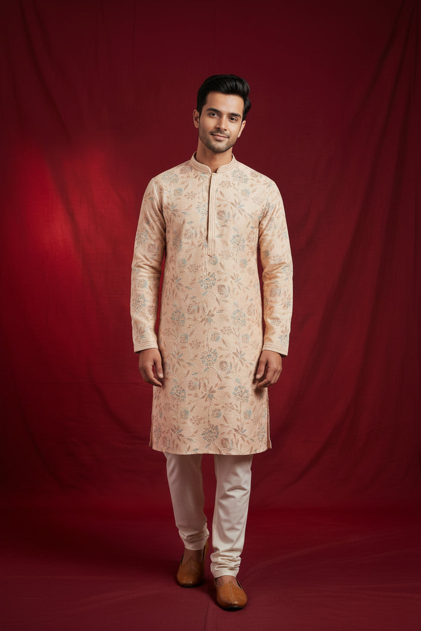 Men’s Peach Floral Embroidered Kurta