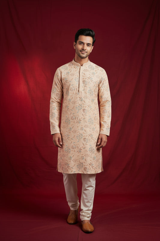Men’s Peach Floral Embroidered Kurta