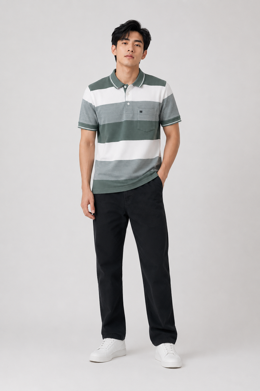 Men’s Sage Green & White Striped Polo T-Shirt
