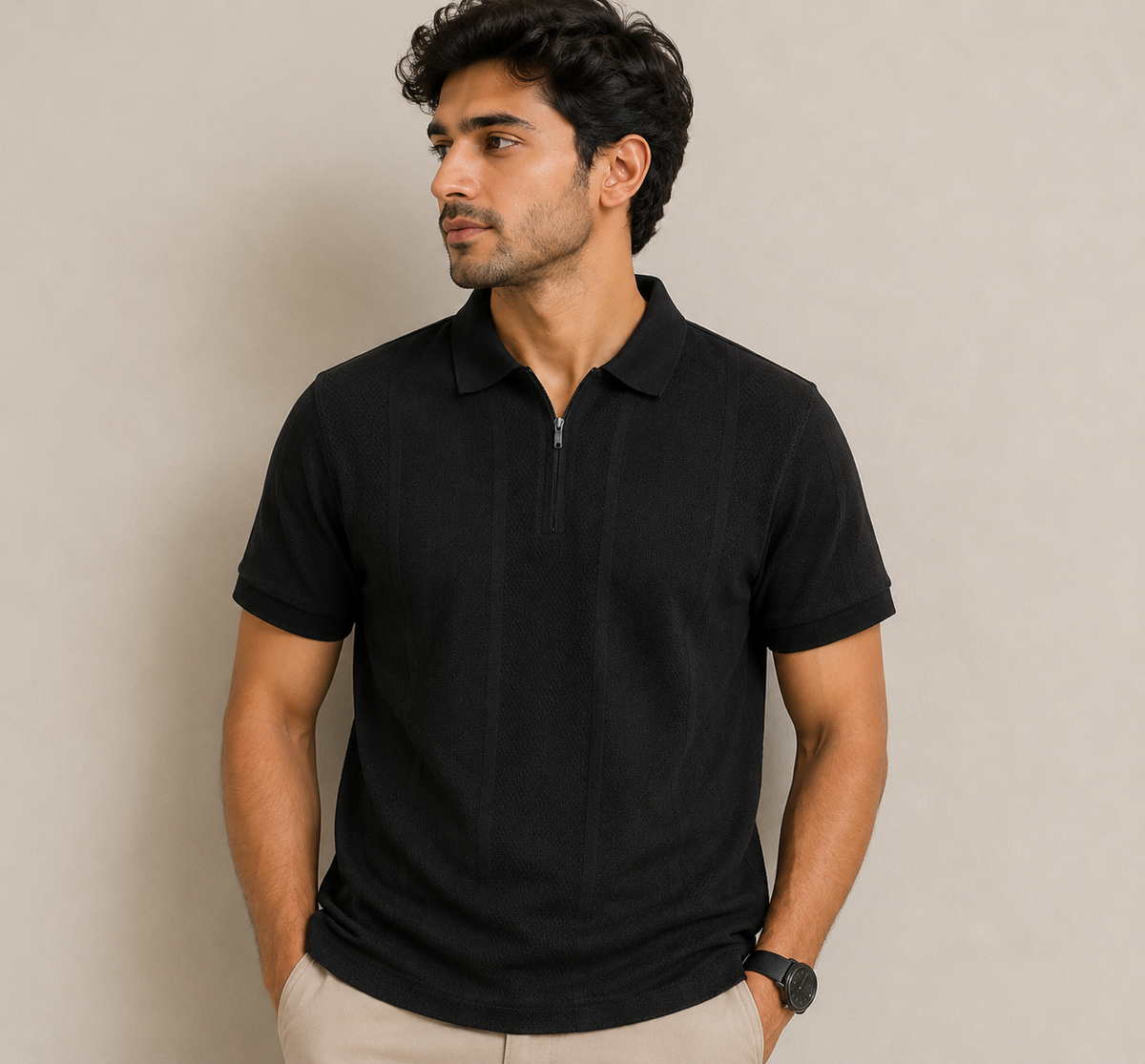 Men’s Black Textured Polo T-Shirt