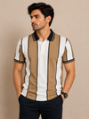 Men’s Beige & White Vertical Striped Polo T-Shirt
