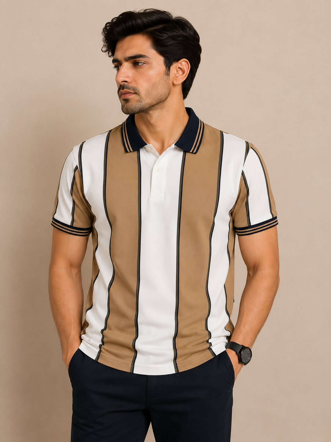 Men’s Beige & White Vertical Striped Polo T-Shirt