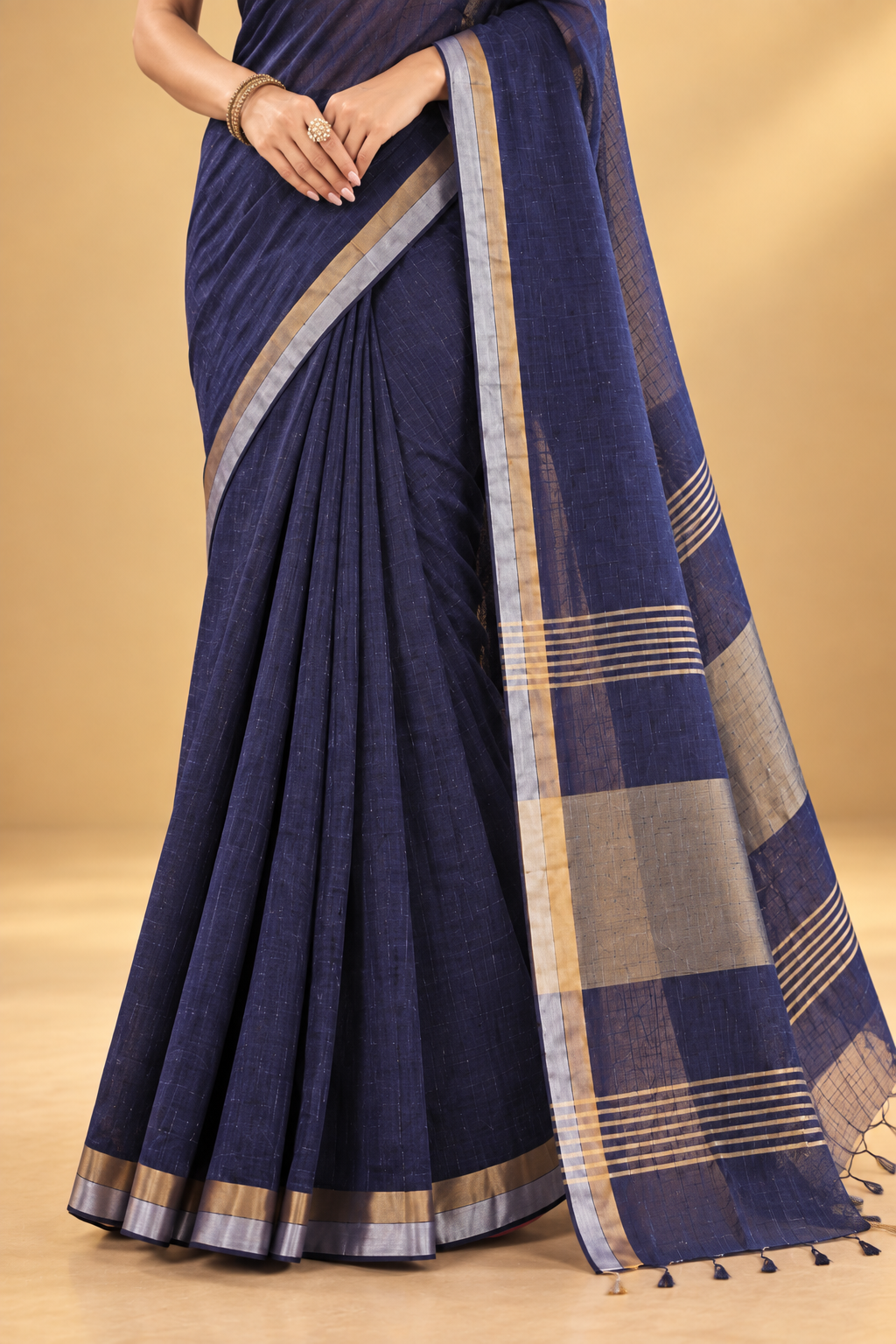 Elegant Navy Blue Saree with Metallic Border