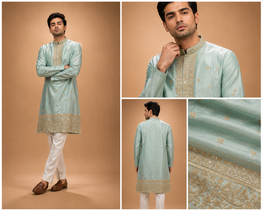 Mint Green Embroidered Silk Kurta Set for Men