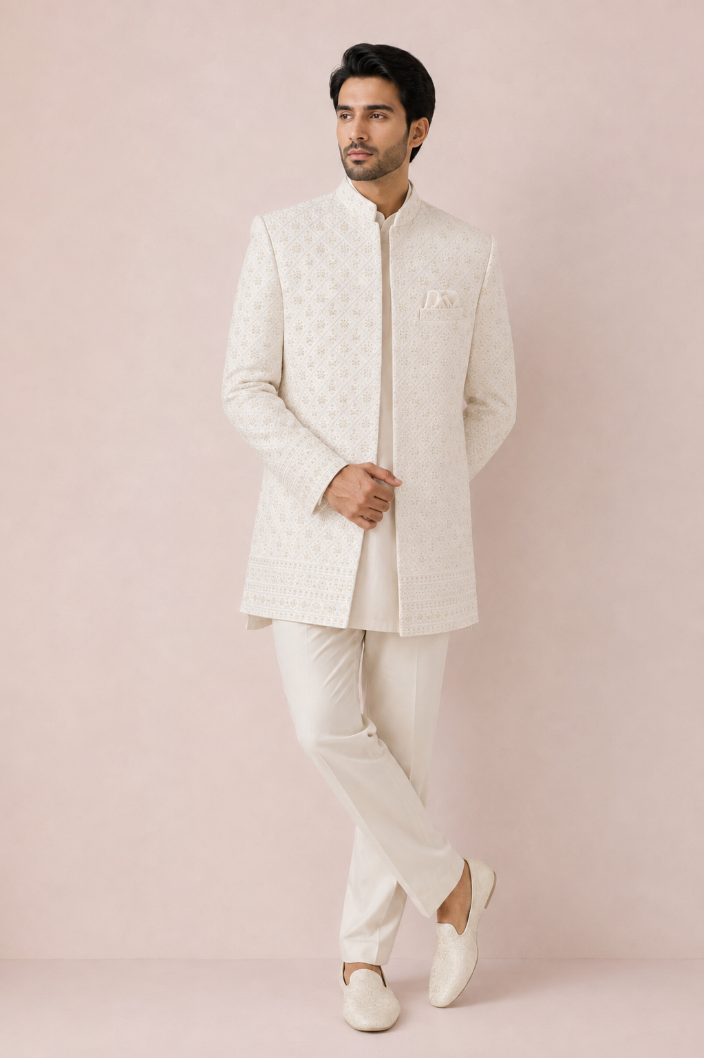 Ivory Embroidered Indo-Western Sherwani Set