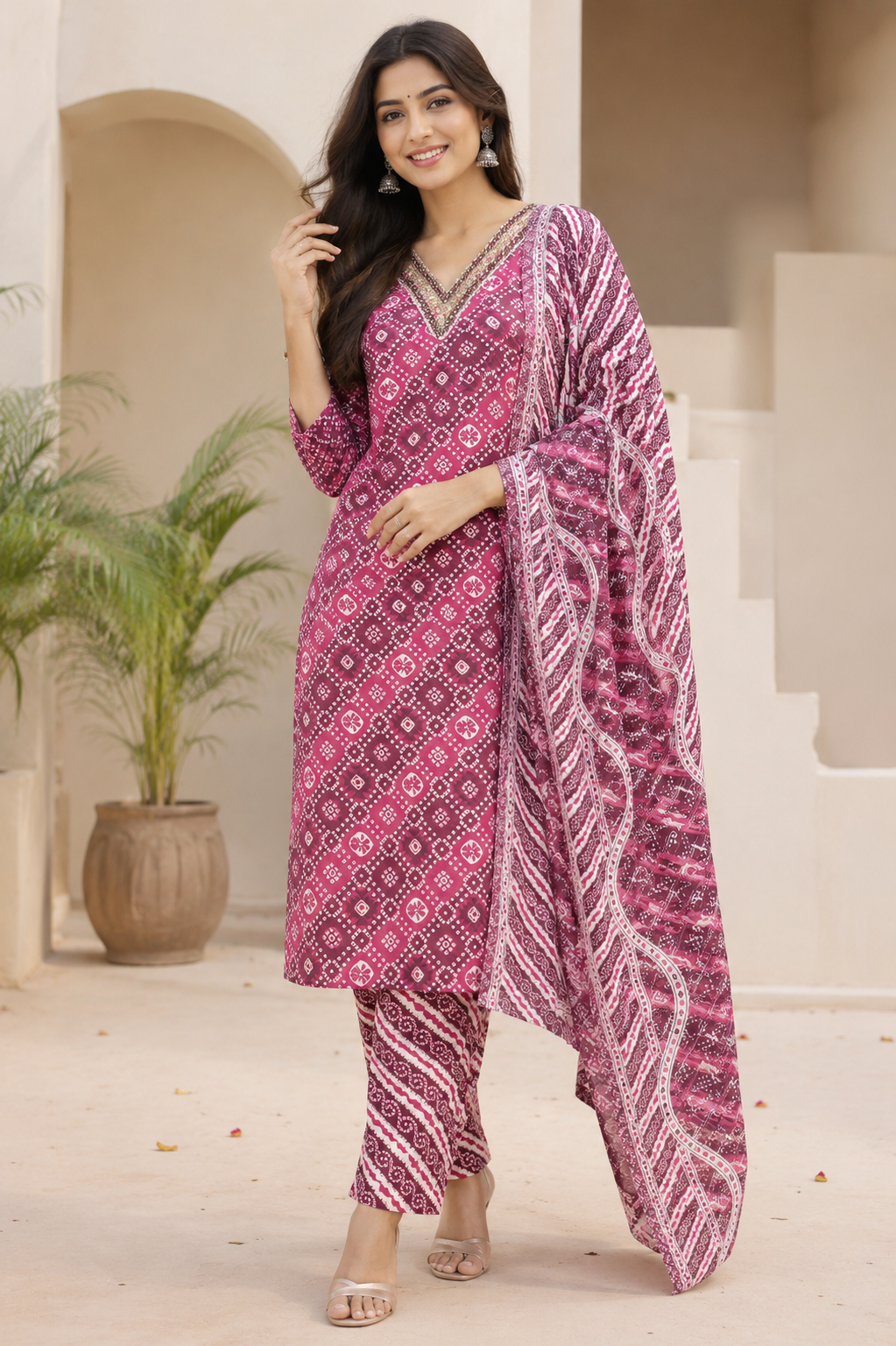 Women's Magenta Printed Kurta Pant Dupatta Set with Embroidered V-Neck