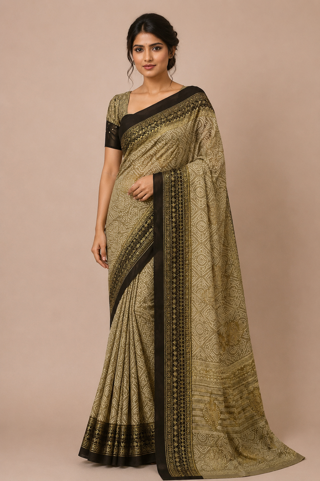 Title: Women’s Printed Saree with Rich Maroon Border