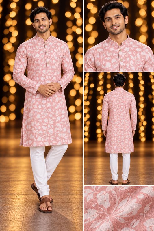 Men's Pink Floral Print Long Sleeve Kurta