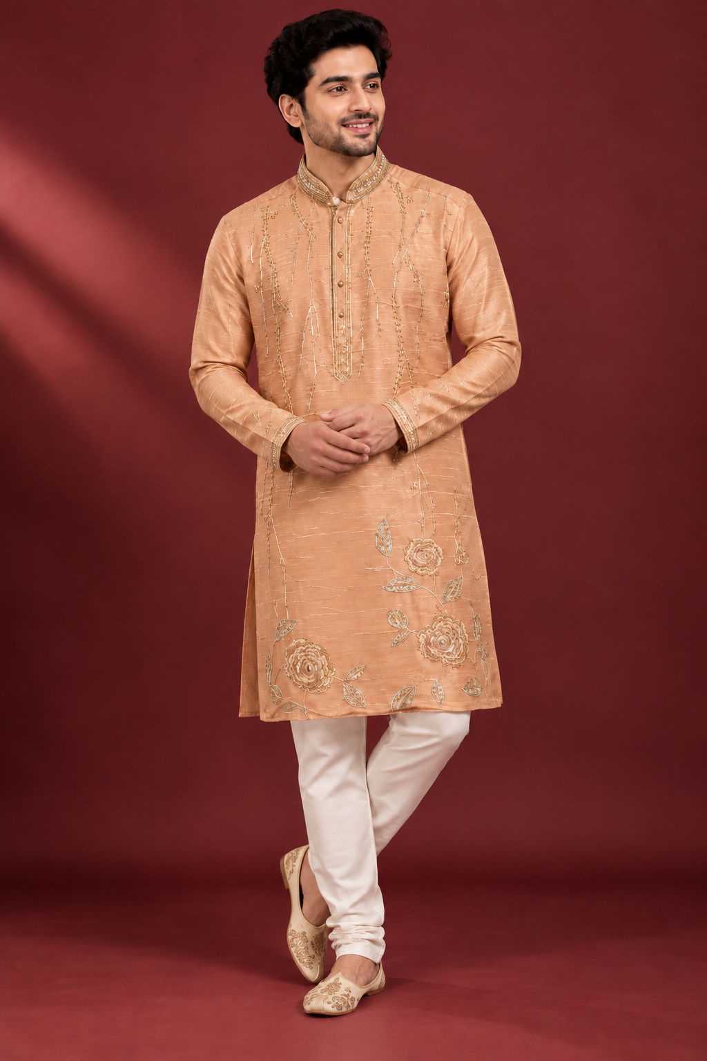 Peach Gold Embroidered Festive Kurta Set