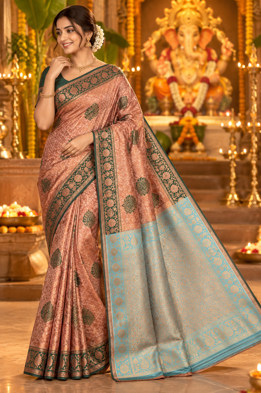 Elegant Peach Silk Saree with Green Zari Border
