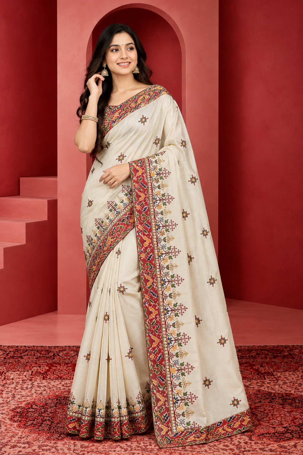 Elegant Ivory Saree with Multicolor Embroidery & Traditional Red Border