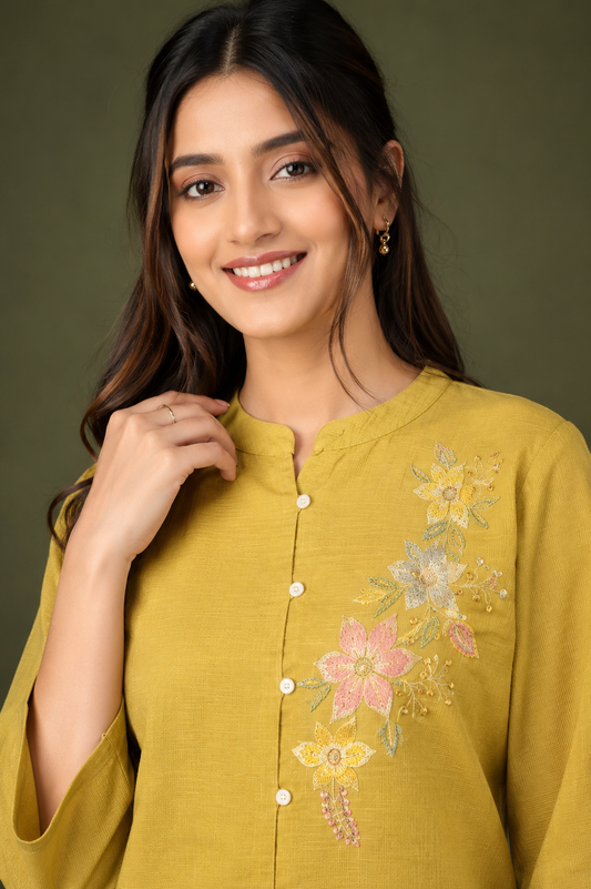 Mustard Yellow Floral Embroidered Kurta Pant Set