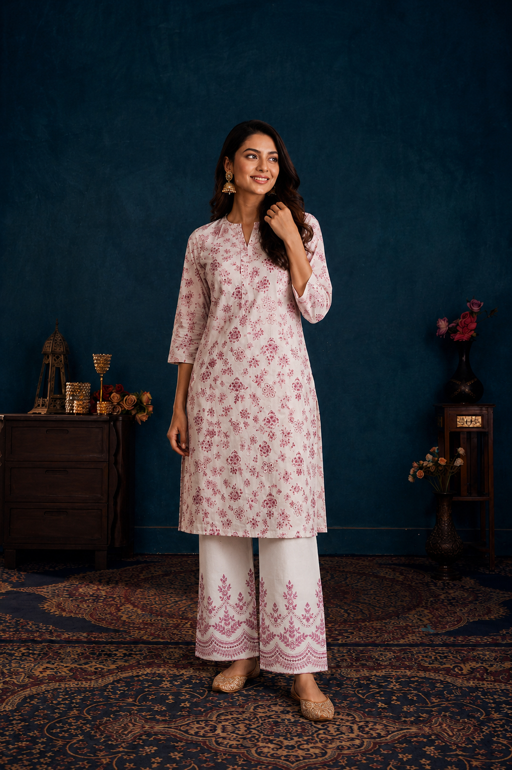 Elegant Ivory & Rose Pink Floral Kurti Pant Set