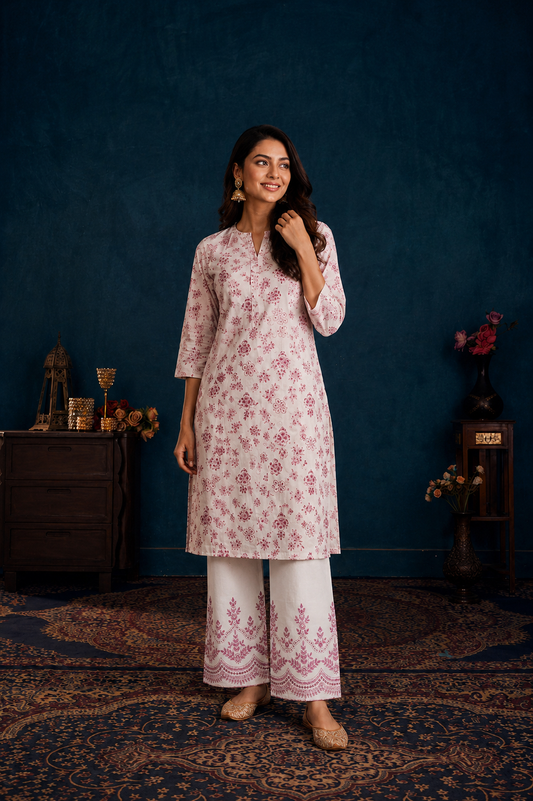 Elegant Ivory & Rose Pink Floral Kurti Pant Set