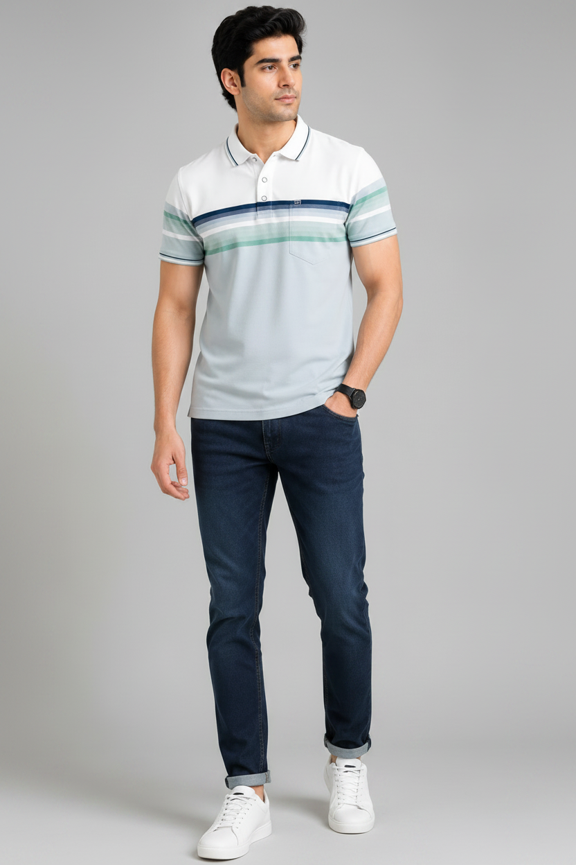 Men’s Ice Blue Striped Polo T-Shirt