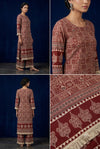Rust Maroon Ethnic Print Straight Kurta & Wide-Leg Trouser