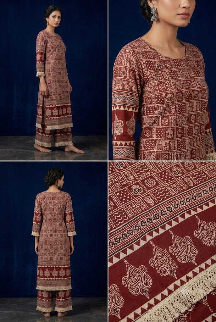 Rust Maroon Ethnic Print Straight Kurta & Wide-Leg Trouser