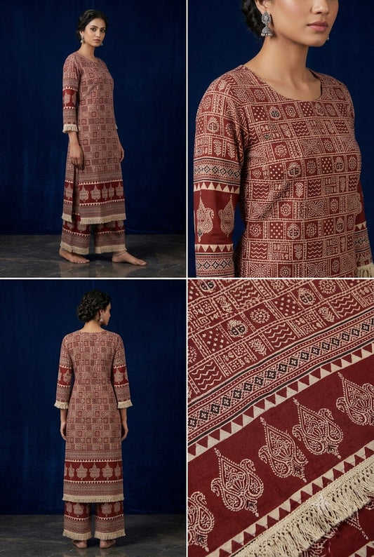 Rust Maroon Ethnic Print Straight Kurta & Wide-Leg Trouser