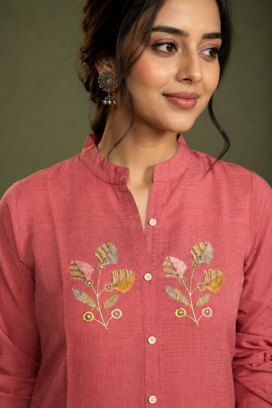 Pink Floral Embroidered Kurta Pant Set