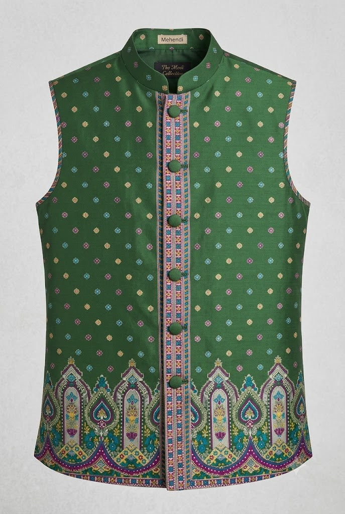 Mehendi Green Multicolor Motif  Nehru Jacket