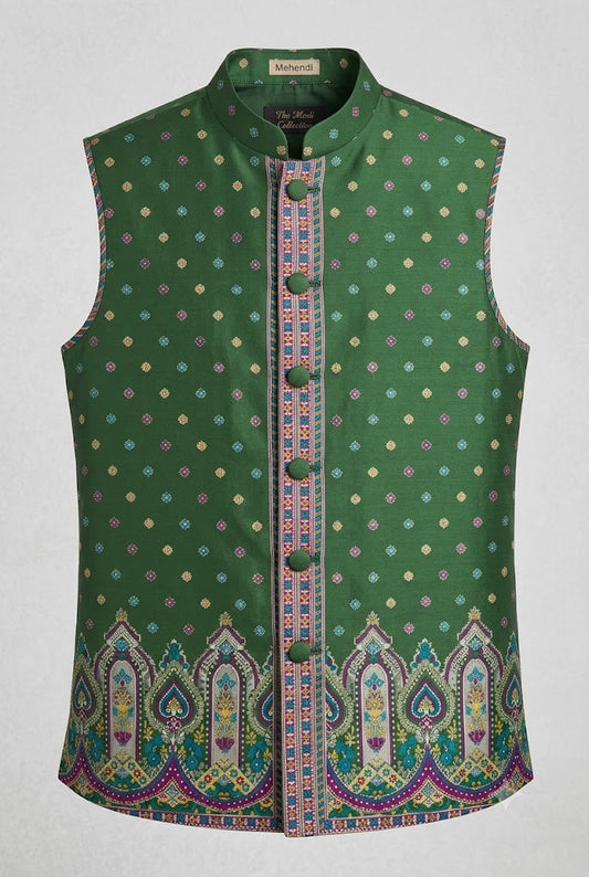 Mehendi Green Multicolor Motif  Nehru Jacket
